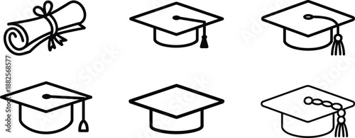 Graduation cap and diploma icon set, education achievement symbols, black outline vector illustration for school college university design use projects