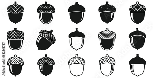 Collection of fifteen unique black and white acorn icons featuring various styles of detailed caps and smooth nuts for nature and autumn design projects