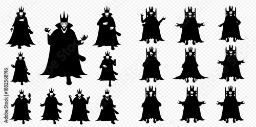 Set of black silhouettes of a dark king or evil sorcerer character in various poses, with crown and cape, isolated on a transparent background.