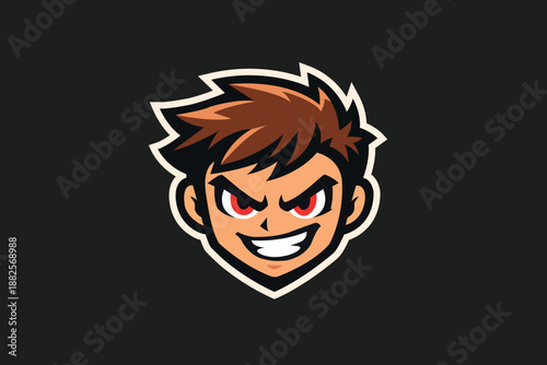 Evil Gamer Boy Mascot Logo Esports Gaming Avatar, Cool Anime Boy Mascot Logo Vector Illustration. Mischievous Manga Character Face with Red Eyes and Spiky Hair.