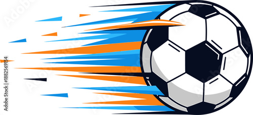 Dynamic Soccer Ball with Blue and Orange Speed Lines on White Background