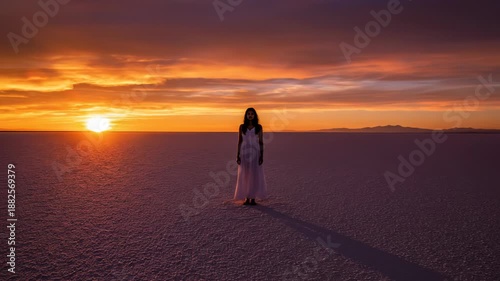 Woman standing alone on salt lake during sunset