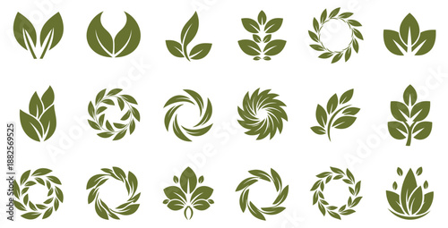 Collection of eighteen distinct green olive leaf and foliage icons perfect for organic branding logo design elements promoting eco friendly health and wellness