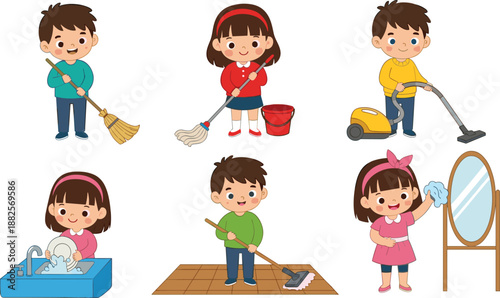 Cute children doing household chores illustration set including sweeping mopping vacuuming washing dishes and cleaning mirror, educational kid activity cartoon graphics