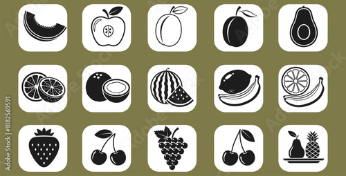 Collection of stylized black and white fruit icons displayed in fifteen separate rounded squares against a muted olive green background illustrating various produce options