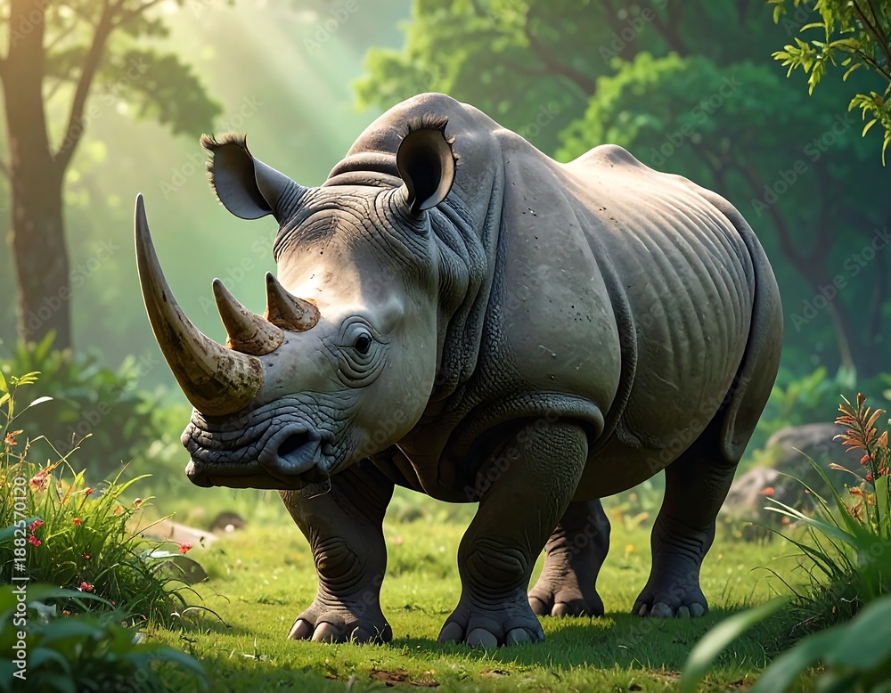 Fototapeta premium A large gray rhinoceros stands in a lush green forest