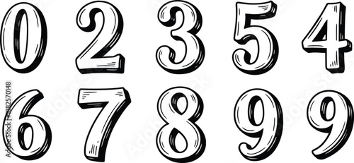 Hand drawn vintage numbers set, retro sketch numerals zero to nine, black and white typography illustration vector design isolated editable