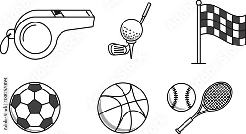 Collection of Sports Equipment and Game Accessories Vector Illustration Set on White Background