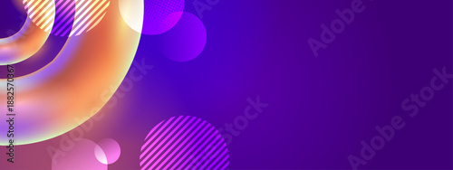 Elegant dark violet backdrop with a large luminous metallic ring and transparent floating circular elements