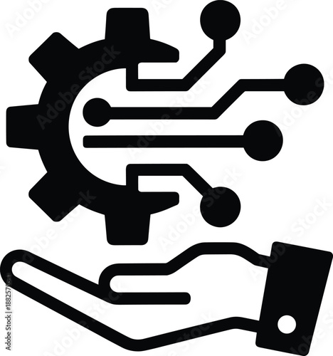 Hand Holding Tech Gear Icon Representing Managed IT Services, Artificial Intelligence Automation, Digital Transformation Strategy, Industrial Engineering Solutions, and Modern Technical Support