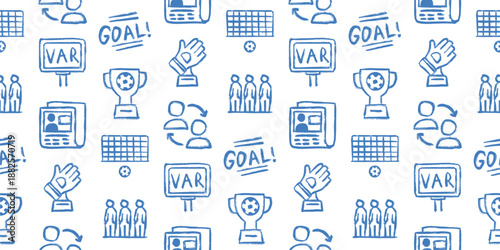 Seamless soccer pattern with football elements including goal, trophy, VAR screen, gloves, and player substitution. Blue hand drawn doodle for sport event, tournament, and fan merchandise