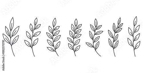 Collection of six different simple black and white botanical line art sprigs featuring delicate leaves perfect for minimalist design elements or elegant decoration