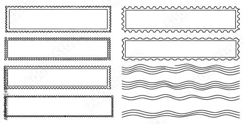 Collection of various black and white graphic design elements featuring rectangular stamp borders with perforated edges and wavy line dividers for creative applications