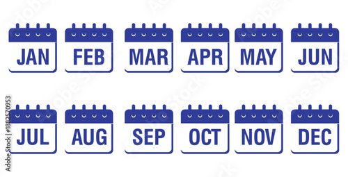 Twelve individual blue monthly calendar icons displayed in two horizontal rows featuring abbreviated names from January through December for scheduling and planning purposes