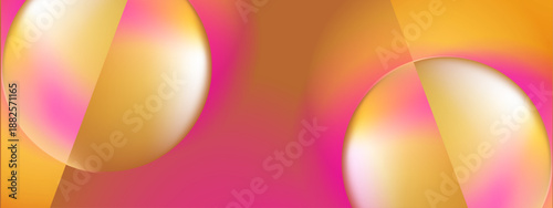Abstract composition featuring translucent golden orbs floating over a smooth warm pink and orange gradient mesh