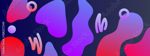 Bold high contrast composition of colorful irregular liquid forms and wavy lines on a deep blue base