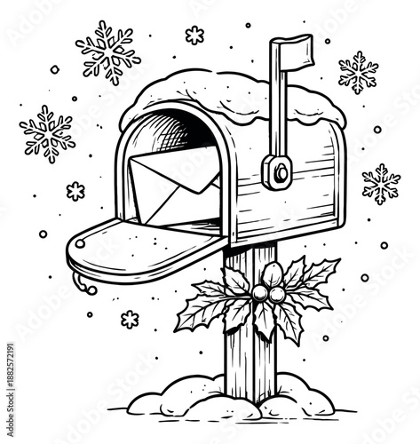 Hand drawn line art illustration of a snowy mailbox depicting an open door with a letter for the Christmas holidays