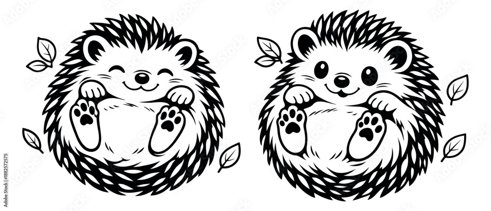 Fototapeta premium Cute line art hedgehog set featuring happy hedgehogs and autumn leaves for children's designs