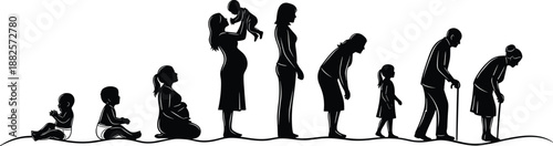 Human life cycle silhouette, generational timeline, aging process illustration, family development stages, growth journey, symbolic aging, black vector art, life evolution