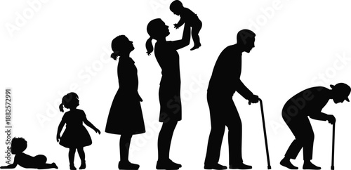 Human life stages silhouette, childhood to old age progression, family generation concept, aging process illustration isolated on white background