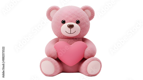 Adorable pink fluffy teddy bear sitting and holding a large pink heart, concept of love and Valentine's Day Transparent background