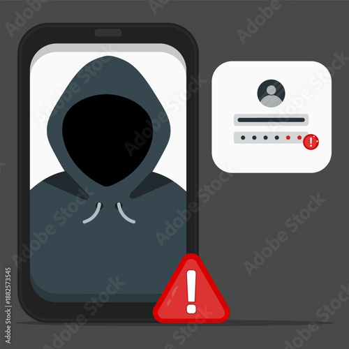 Hacker on a smartphone with login warning and alert symbol. Concept of phishing attack, account breach, personal data theft, and hacker activity.