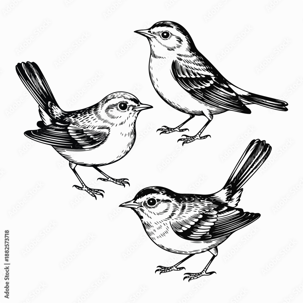 Fototapeta premium Vintage Songbird Engraving Set – Hand‑Drawn Etched Bird Illustrations