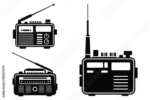 Three Black and White Retro Radios with Antennas vintage