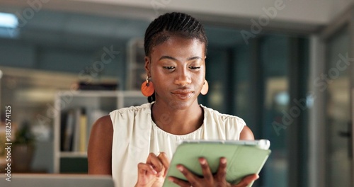 Fotografija Creative, online and woman with tablet, office and research for ad campaign, scroll or working late