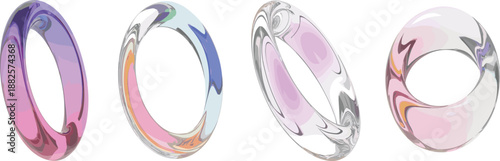 Abstract translucent glass rings with colorful gradients isolated on white background, modern minimal 3D geometric design concept art illustration render