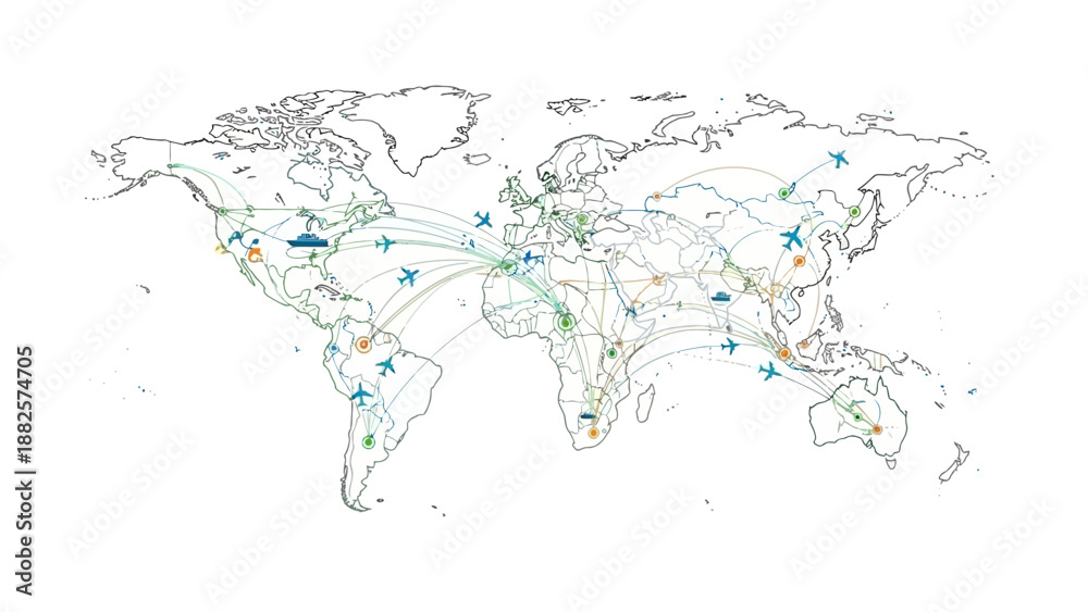 Fototapeta premium Global connections and networks illustrated on a world map with various colored lines and markers indicating different locations and routes