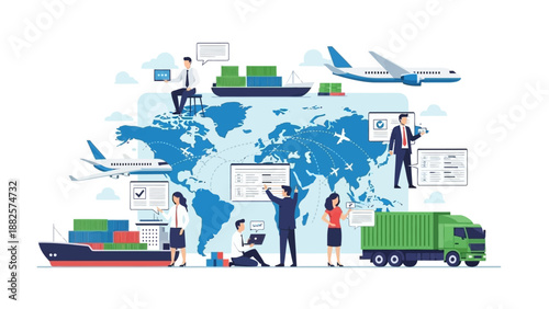 Global logistics and transportation network illustration featuring people working together with ships, trucks, and airplanes worldwide