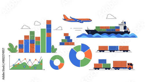 Global logistics and transportation analytics overview with graphs and charts illustrating cargo shipment by air, sea, and land