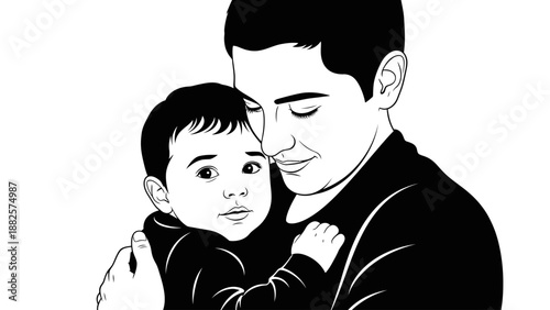 Father holding and hugging his baby son illustration.