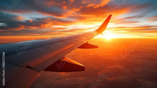 Close up view of airplane fuselage and wing reflecting golden sunset light. Aviation travel concept symbolizing journey, freedom, luxury, technology, and modern air transportation