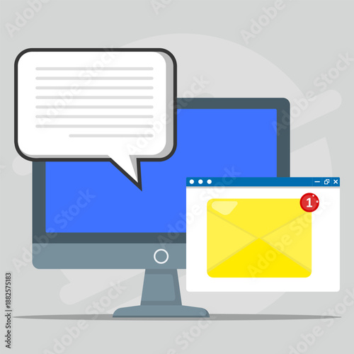 Computer screen showing a new email notification and message alert, representing digital communication, inbox notification, online messaging, and email marketing.