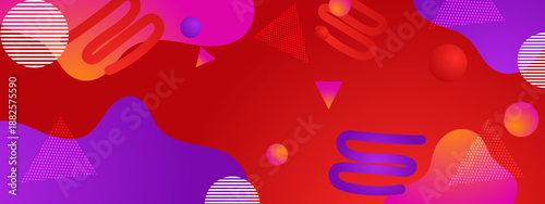 Intense red abstract background composed of floating purple organic masses mixed with squiggly lines and striped spheres