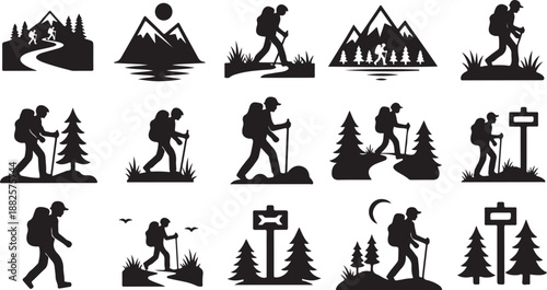 Hiking Silhouette Icons for Travel and Adventure Concepts
