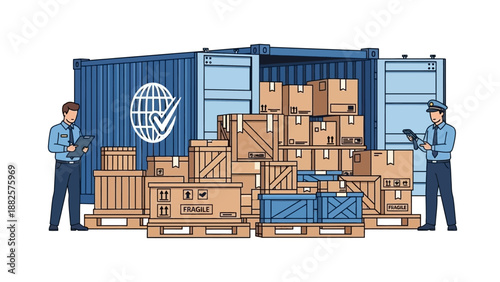 Warehouse workers unloading cargo from shipping containers, surrounded by stacked boxes on pallets, viewed from the front