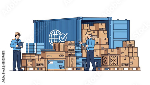 Logistics workers inspect shipping containers and crates at a bustling dockyard with cargo stacked high around them