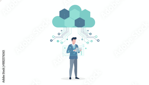 A businessman managing data and cloud computing resources with a tablet, illustrating modern digital technology and network infrastructure.