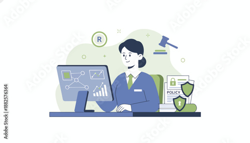 Woman analyzing data and legal policies on a computer, with a gavel and security icons.