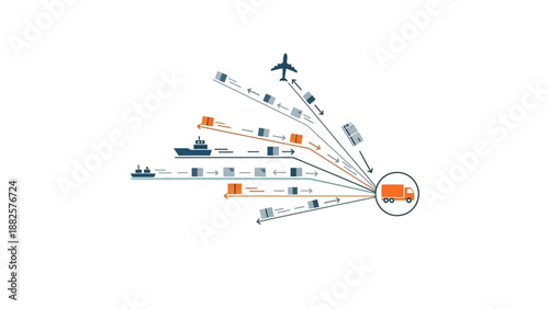 Logistics and transportation network illustration showing cargo ship, airplane, and delivery process through various modes of transport