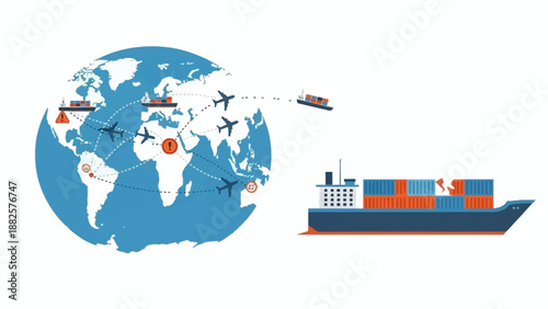 Global logistics and transportation network with cargo ship and airplanes on a world map illustration