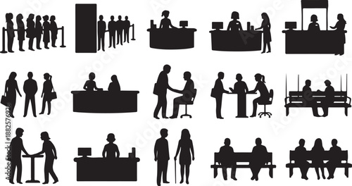 Silhouettes of people in various office settings and interactions