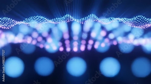 Abstract glowing neon wave pattern with blue and purple gradient on black background.