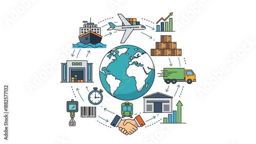 Global logistics and transportation network illustration showcasing various modes of transport and commerce