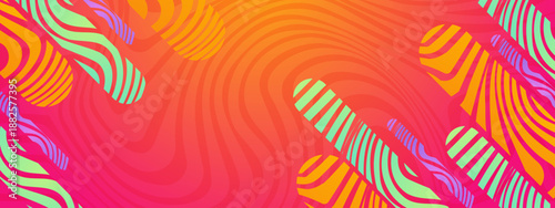 Abstract background with orange and pink fluid waves and patterned tropical elements
