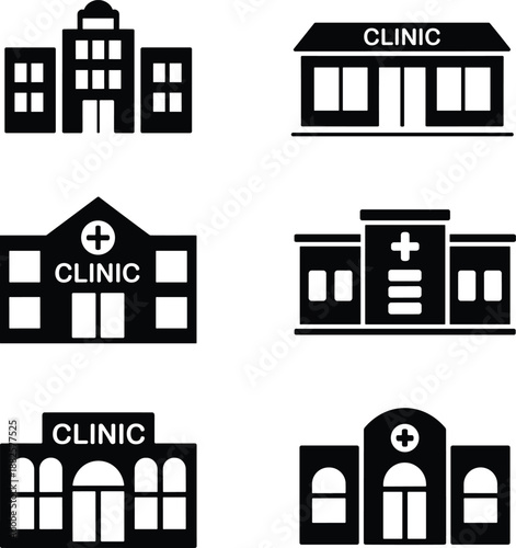 Medical Clinic Building Icons Set, Hospital Exterior Architecture Symbols, Healthcare Facility Vector Graphics, Emergency Care Center Illustrations, Pharmacy Building Signage Icons