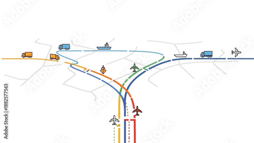 Multimodal transportation hub illustrating various vehicles and aircraft converging at an interchange from a top-down viewpoint